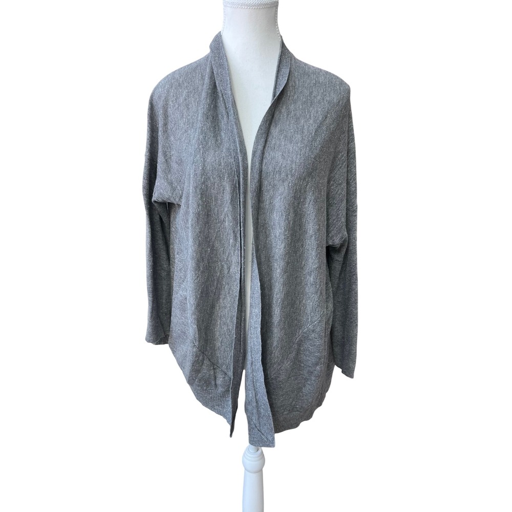 Eileen Fisher wool silk blend Grey tan Open Front Cardigan Sweater Women's M